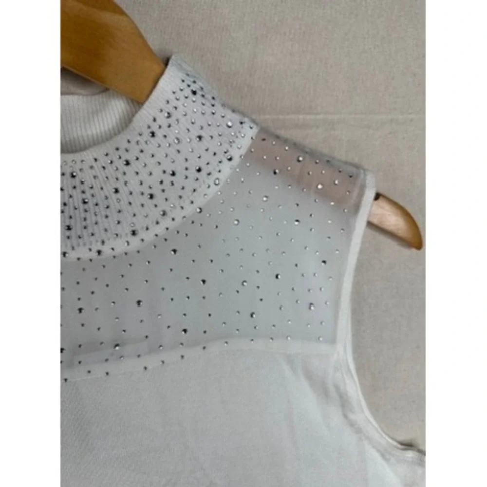 NWT Carmen Womens Mock Neck Rhinestone Lace Sleeveless White Blouse Size Large - Picture 4 of 10